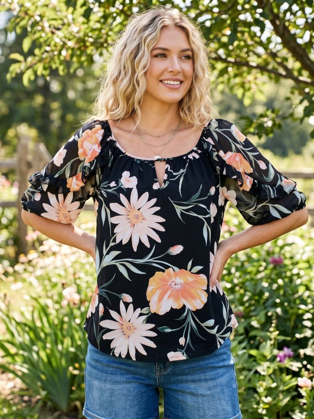 Perseption Black Botanical Boho‎ Top XL Ruffle Romantic SS Keyhole Cottage Fairy